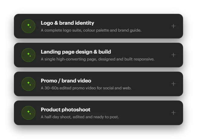 Four gig templates: logo and brand identity, landing page design and build, promo video, product photoshoot