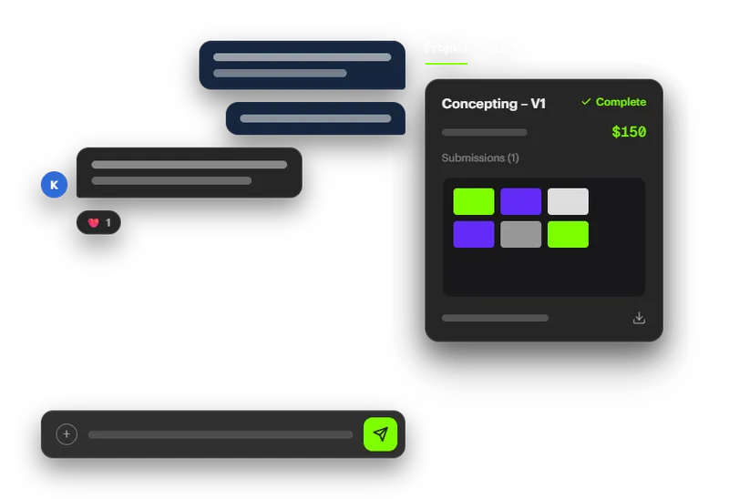 A gig workspace: chat messages beside a completed stage with its submitted files