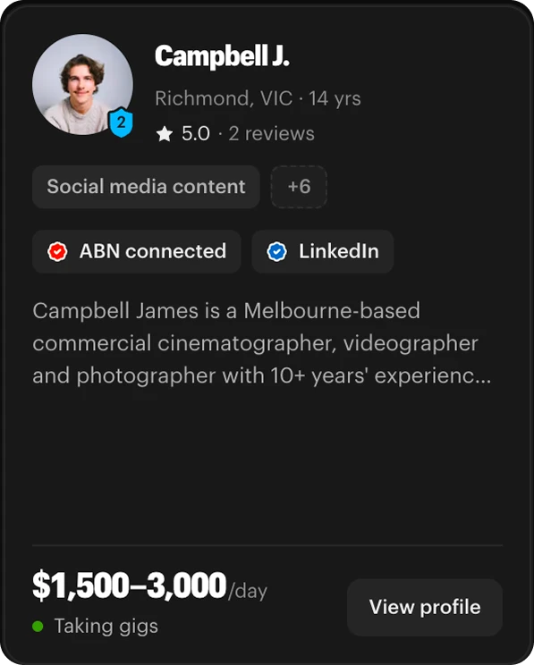 A freelancer card in search: Campbell J., Richmond VIC, 14 years, verification level 2, 5.0 from 2 reviews, Social media content, ABN connected and LinkedIn, $1,500 to $3,000 a day, taking gigs