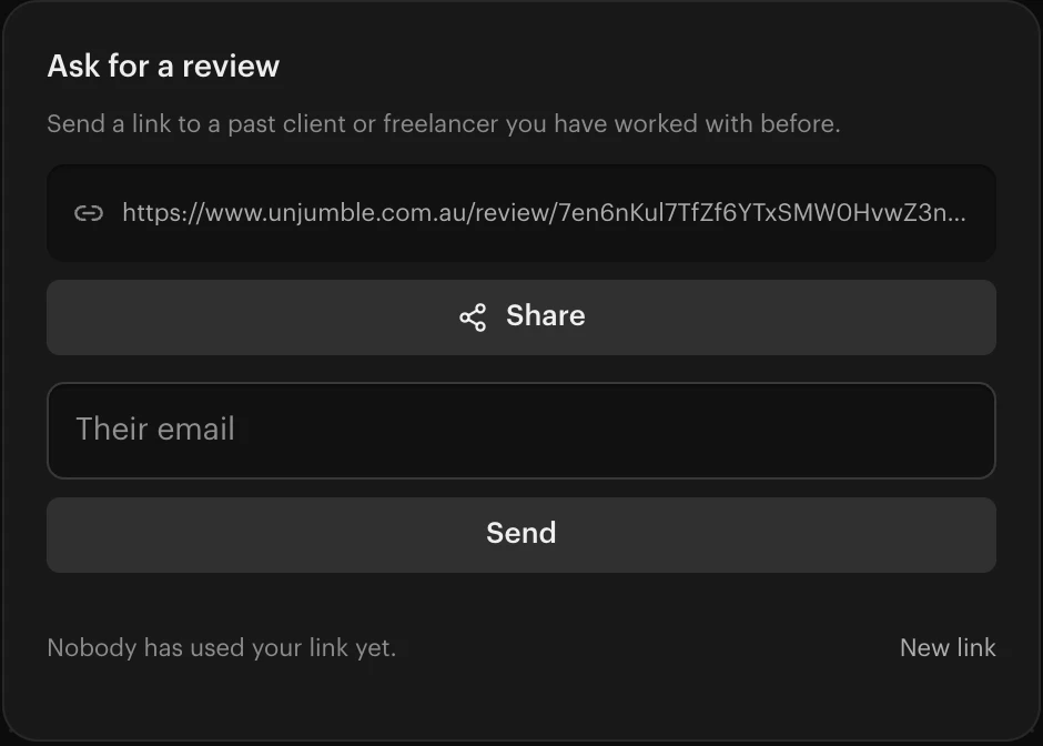 The Ask for a review card: a review link, a Share button, and a box to email the link to someone